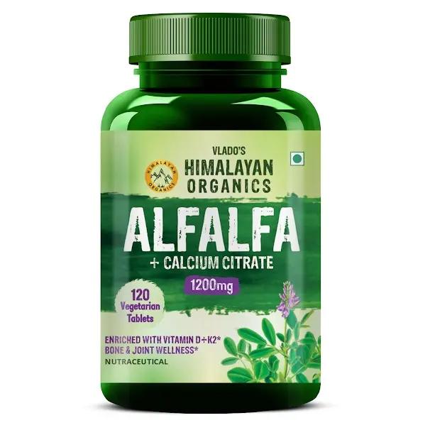 Vlado's Himalayan Organics Alfalfa, Calcium Citrate Malate 1200mg with Vitamin D, K2 (MK7), B12, Zinc & Magnesium - 120 Veg Tablets