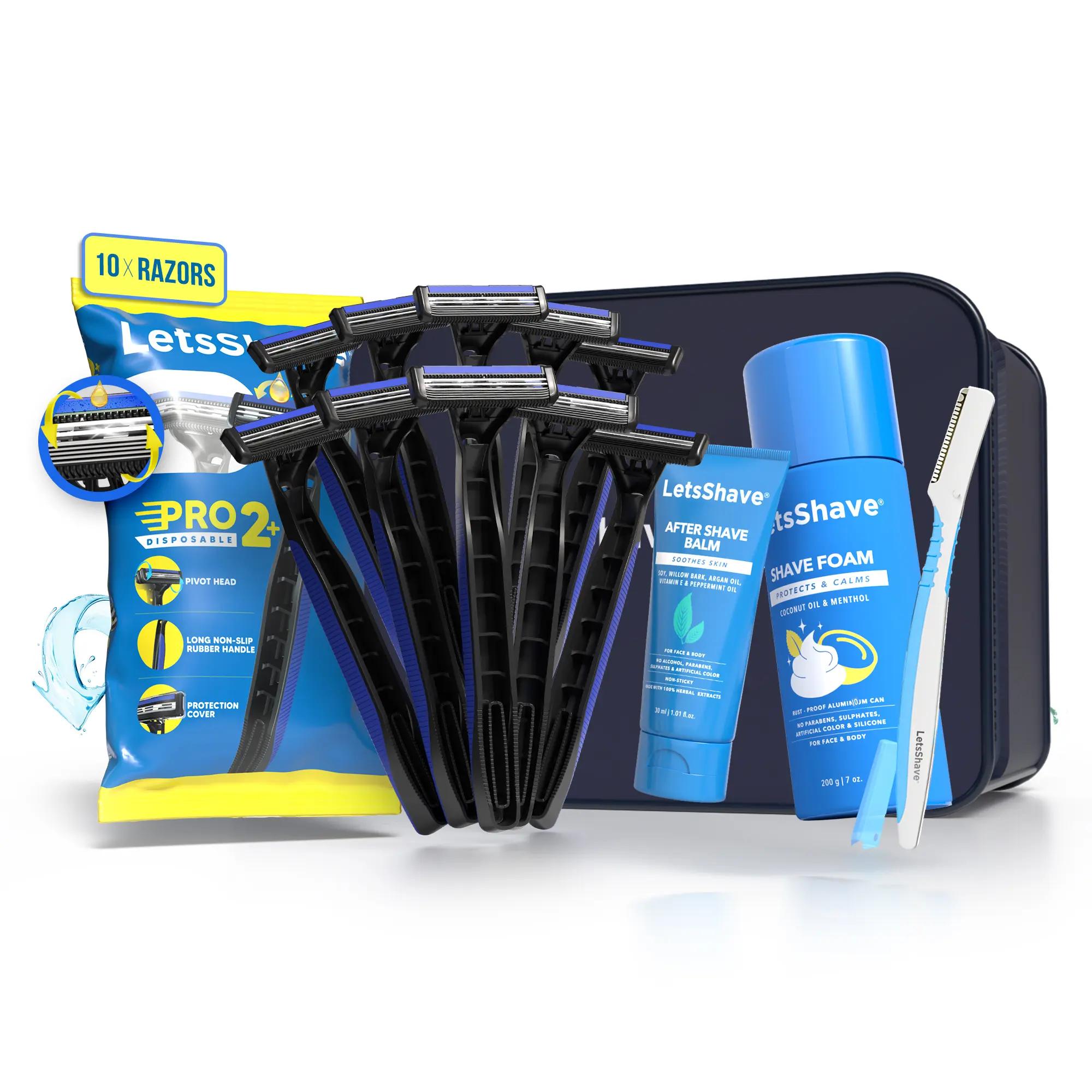 LetsShave Pro 2 Disposable Pack Of 10 Combo Pro 2 Plus Disposable Razor (10)+AfterShavebalm 30 Ml+Shave Foam -200G+Travel Pouch+Pro Styler