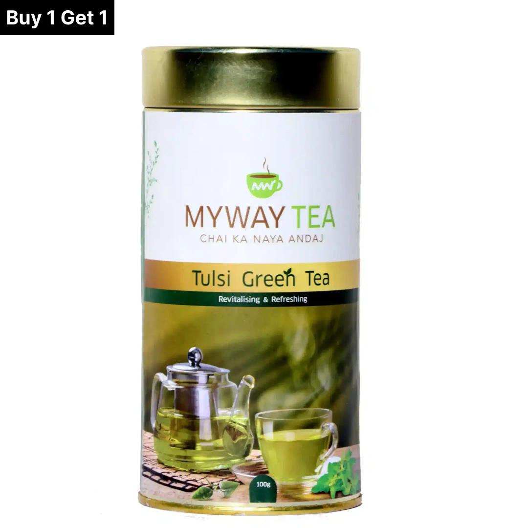 MYWAY TEA Tulsi Green Tea, Detox Green Tea Glowing skin antioxidants refreshes and tastes wonderful, Helps to Body Cleanse, Boost Immunity Promote Healthy & Glowing Skin, Zero Calories (100gm)