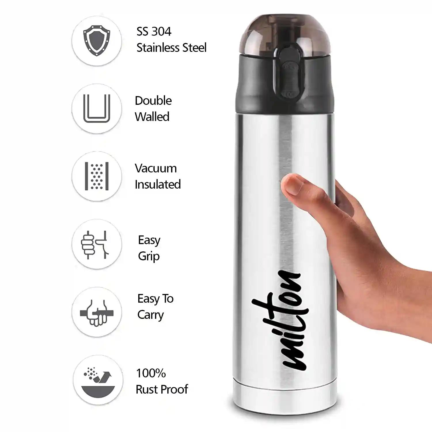 Milton New Crown 600 Thermosteel Hot or Cold Water Bottle, 500 ml, Silver | Easy to Carry | Office Bottle | Hiking | Trekking | Travel Bottle | Gym | Home | Kitchen Bottle