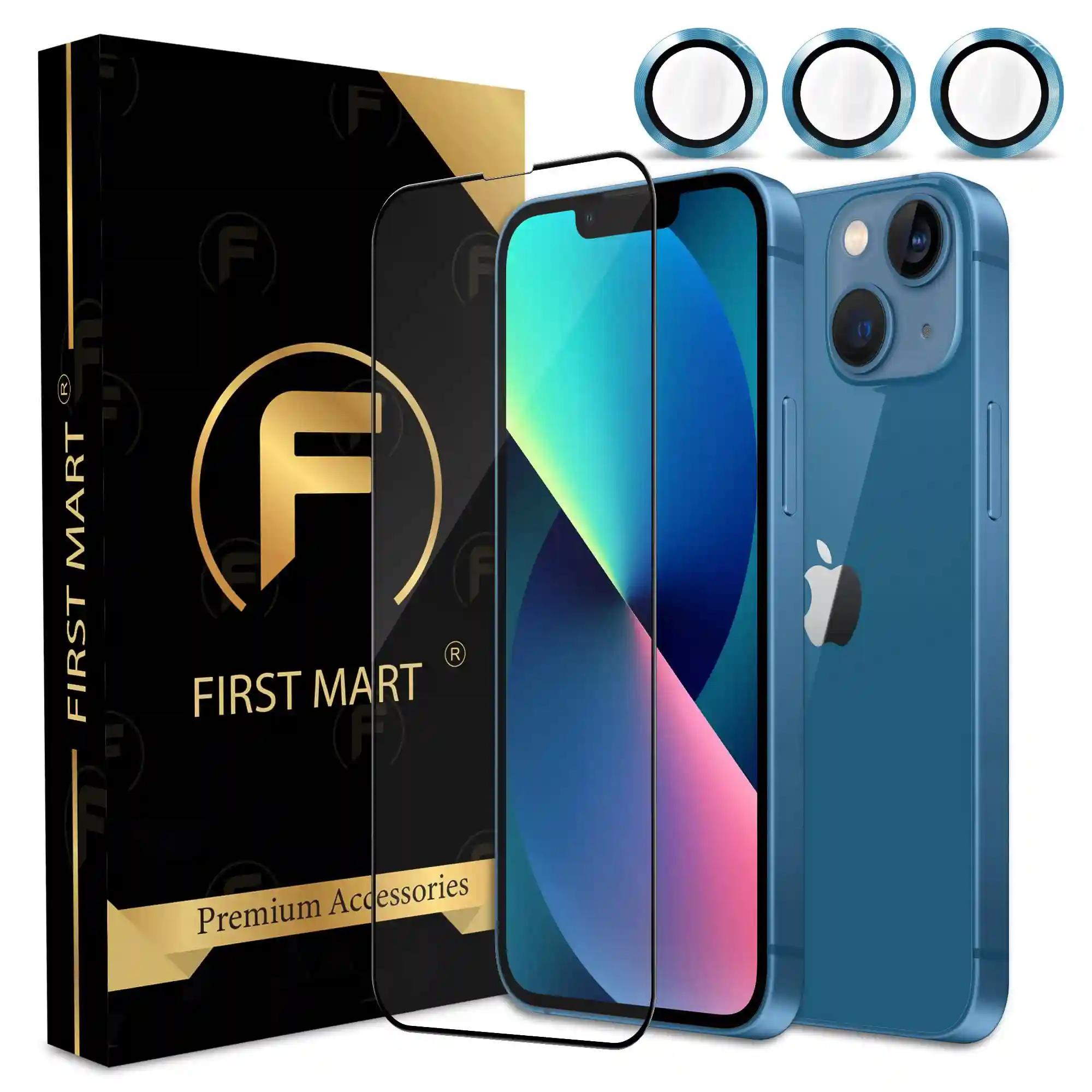 FIRST MART for iPhone 13 Tempered Glass and 1 Set of Individual Blue Camera Rings Protectors, 2.5D Curved Edges, Full-Coverage Military-Grade Protection, Scratch Resistant | Blue Rings