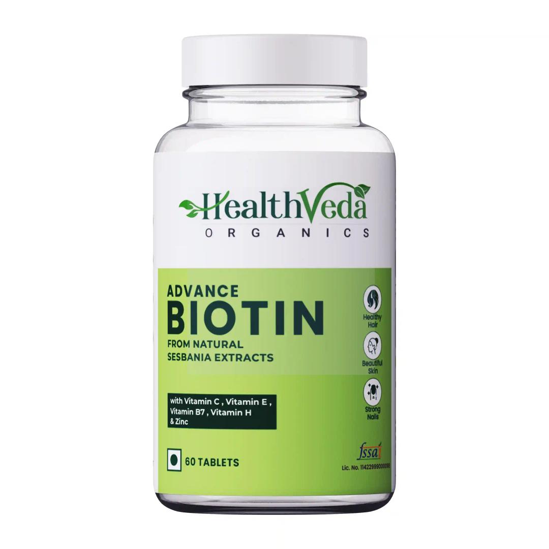 Health Veda Organics Advanced Biotin Tablets | Boosts Keratin Production & Improves Hair Thickness with Natural Sesbania Agathi Leaf Extract | Hair Vitamins (Biotin, Vitamin E & Copper) for Healthy Hair, Skin & Nails | For Both Men & Women (60 Tablets)