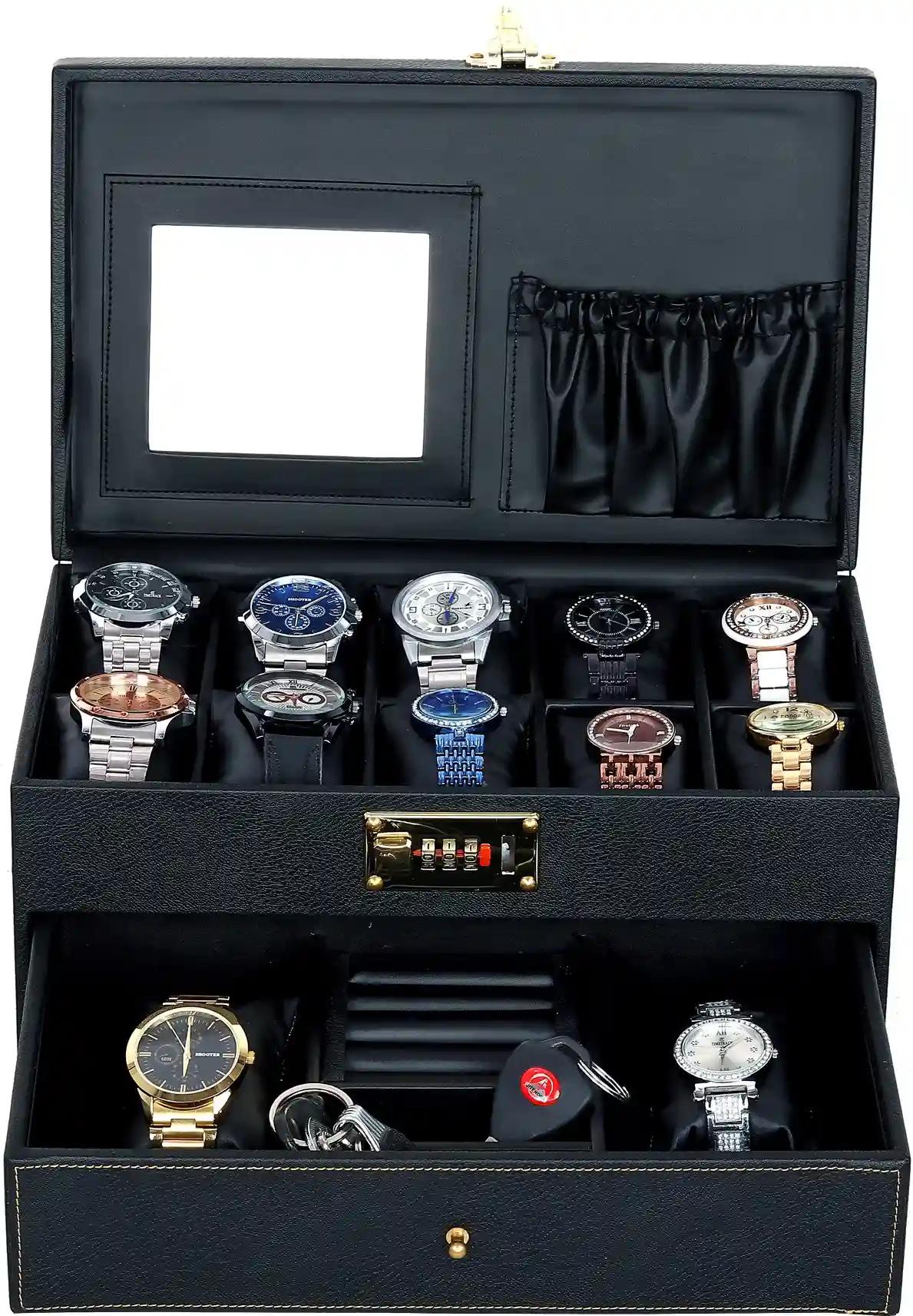 Watch Box Organizer Holder Jewelry Accessories Display Storage Case Watch Organiser Collection Box 10 Slots And Drawer With 3 Digit Combination Lock In PU Leather For Men Women