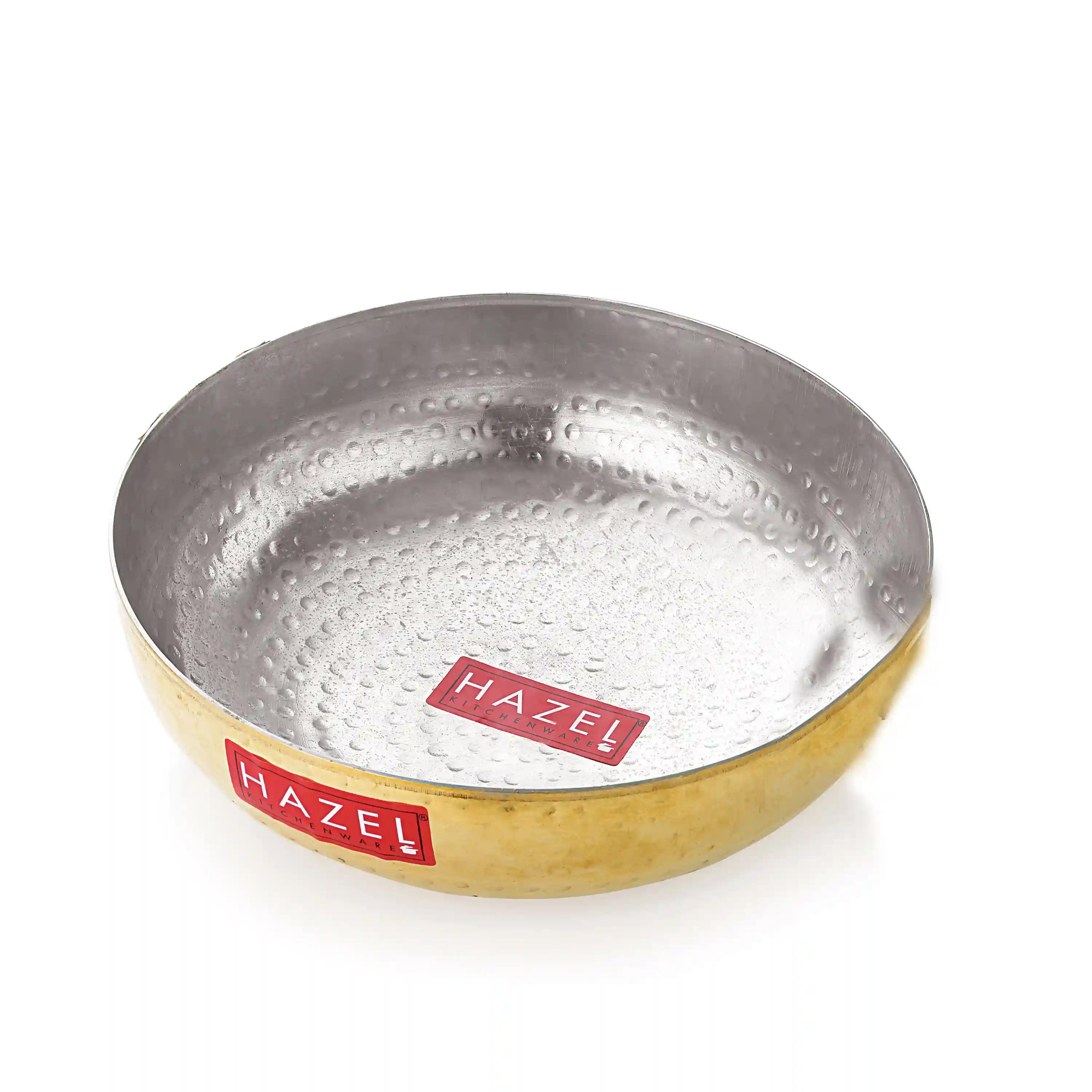 HAZEL Brass Kadai Tasra with Kalai | 100% Pure Brass Kadhai with Tin Coating | Brass Kadai Without Handle for Cooking and Serving | Brass Utensils for Kitchen