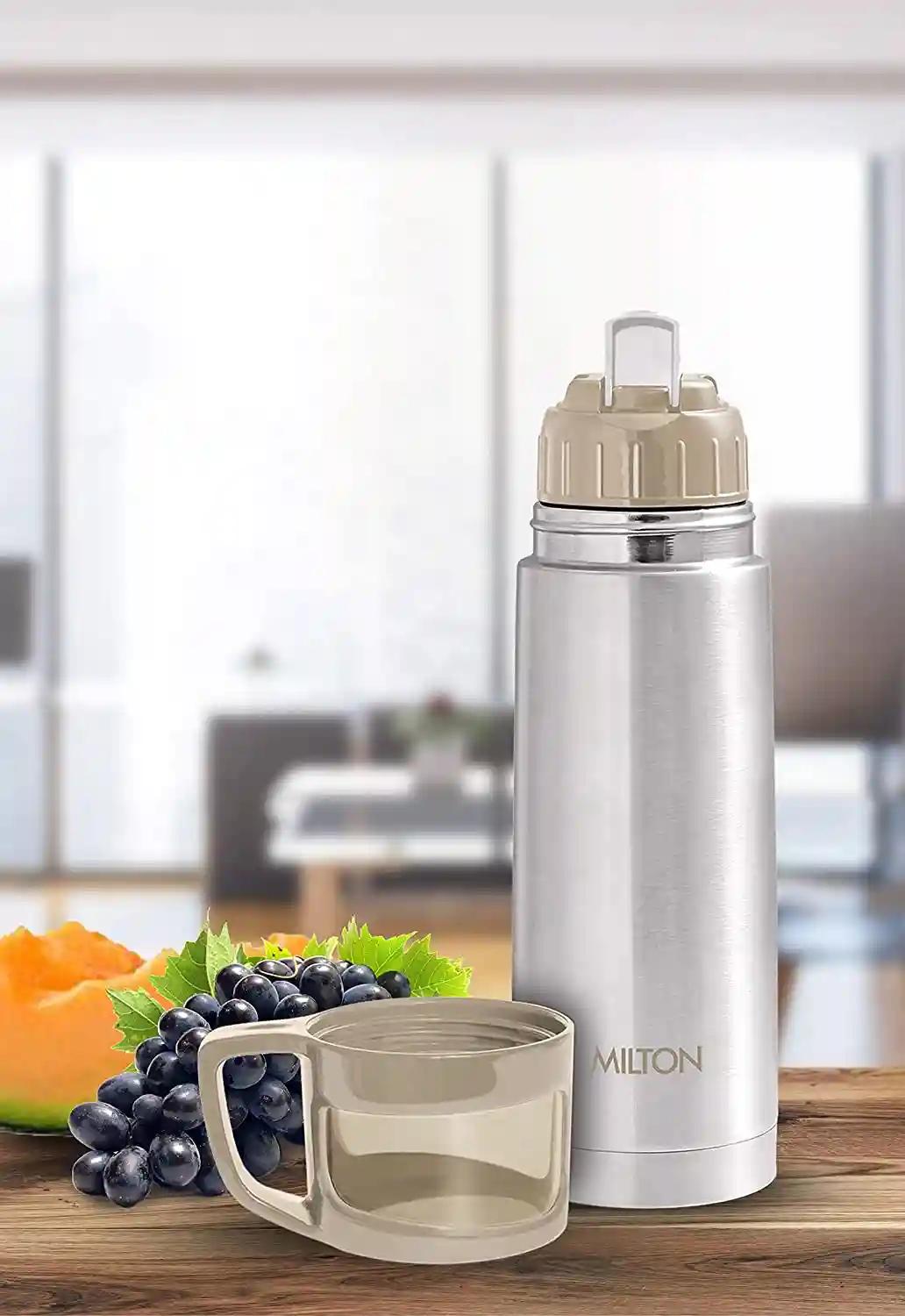 Milton Glassy 350 Thermosteel 24 Hours Hot and Cold Water Bottle with Drinking Cup Lid, 350 ml, Grey | Leak Proof | Office Bottle | Gym Bottle | Home | Kitchen | Hiking | Trekking | Travel Bottle