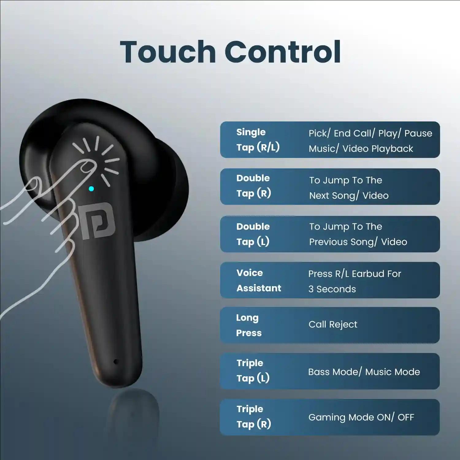 Portronics Harmonics Twins S10 Wireless TWS In Ear Earbuds with Quad Mic, Auto ENC, 30H Playtime, Game/Music/Bass Mode, Touch Control,4 Mic, Dynamic Driver, Bluetooth 5.3v, Type C Fast Charging(Black)