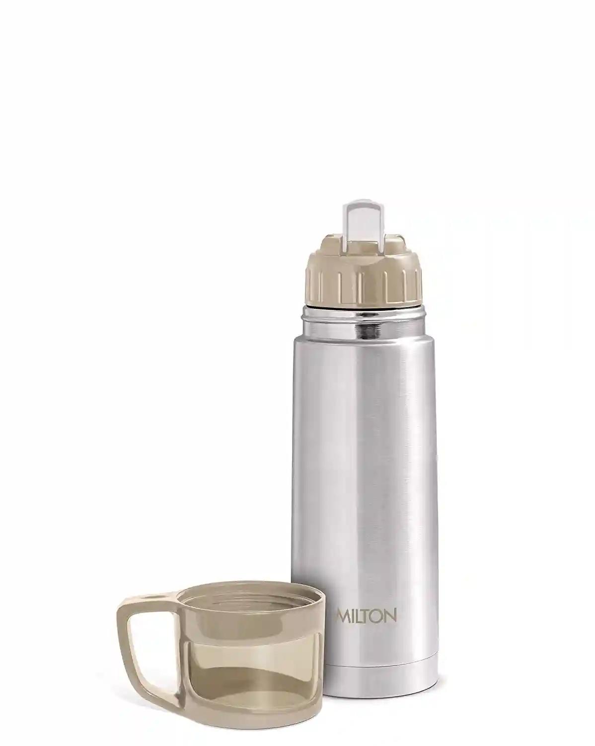 Milton Glassy 350 Thermosteel 24 Hours Hot and Cold Water Bottle with Drinking Cup Lid, 350 ml, Grey | Leak Proof | Office Bottle | Gym Bottle | Home | Kitchen | Hiking | Trekking | Travel Bottle