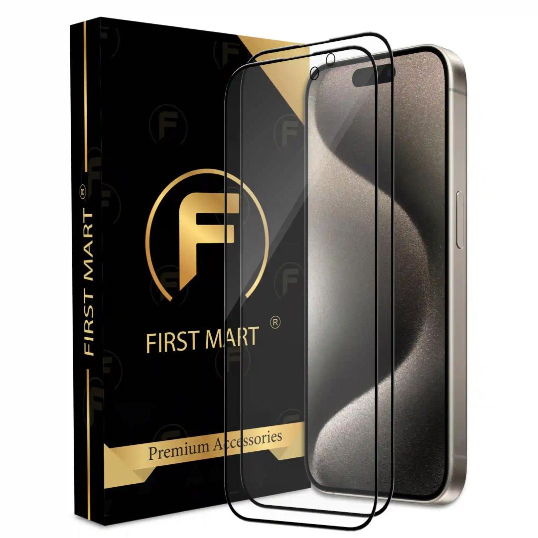 FIRST MART Premium Tempered Glass for iPhone 15 Pro with Edge to Edge Coverage and Easy Installation Kit, Pack of 2