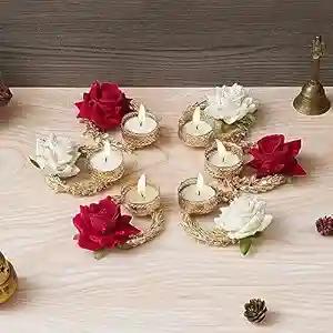 WEBELKART Premium Rose Candles Holder Artificial Pack of 6 Lotus ealight Candle Holder for Home Decor Diwali Candles for Decoration| Diwali Gifting Items (Pack of 6, 4x 3.5 Inches) Multicolor Rose