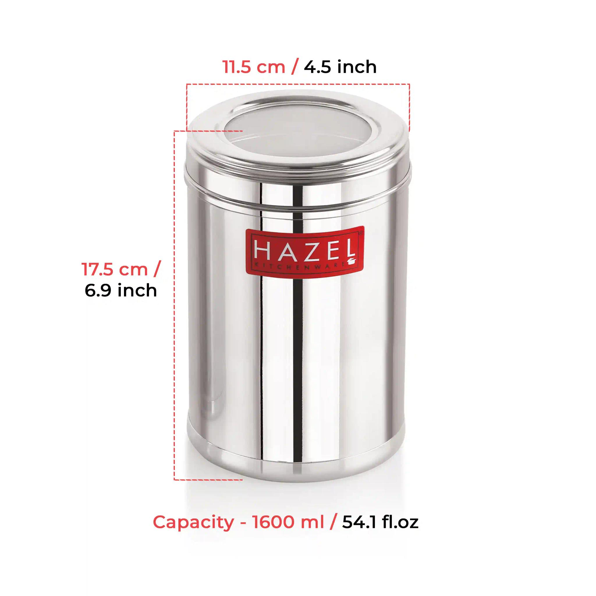 HAZEL Stainless Steel Kitchen Container with Transparent Lid | Top See Through Kitchen Container Set with Matt Finish | Multipurpose Container for Kitchen Storage, 1600 ML