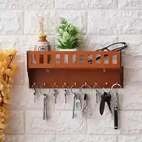 WEBELKART Premium Wooden Key Chain Wall Hanging Key Holder Diwali Decorations Items for Home Decor Key Hanger with Showpiece Stand (9 Hook- Wood), Home Decor Items for Wall