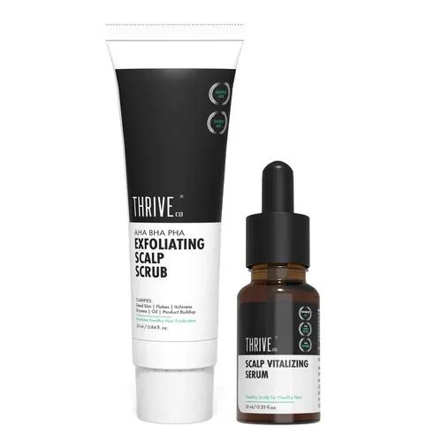 ThriveCo Scalp Care Kit | AHA BHA PHA Exfoliating Scalp Scrub (25ml) & Scalp Vitalizing Serum (10ml) |  Promotes Hair Growth, Clears Dandruff, Dead Skin, Oil & Product Buildup | Travel-Friendly