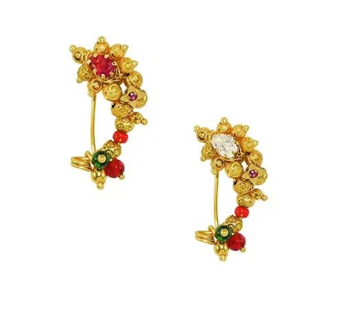 JEWELOPIA Traditional Maharashtrian Nose Ring Stud Without Piercing Clip On Golden Pearl Nose Nath For Women and Girls