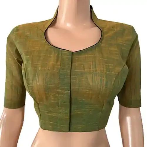 Slub Cotton High neck Blouse - Green