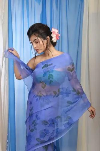 Pure Organza Hand-Painted Blue Saree With Dark Blue Flowers Design