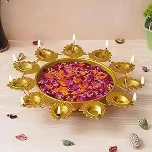 WEBELKART Premium Flower Diya Shape Gold Polish Decorative Urli Bowl for Home and Office Decor/Urli tealight Candle Holder/Diwali Decorations Items for Home Decor (14 Inches, Gold)