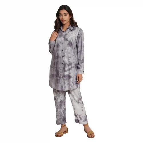 Grey Tie And Dye Rayon Long Co-Ord Set (Set of 2)