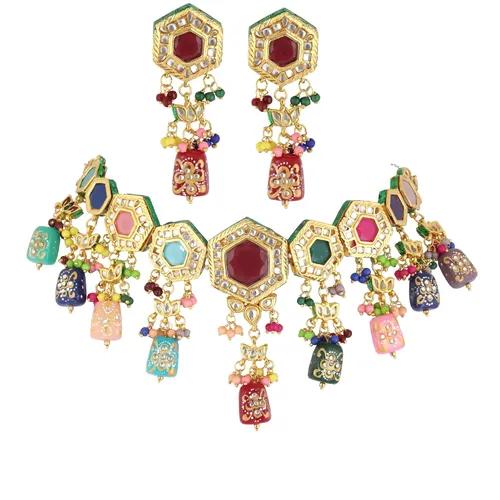 Gold Plated(18k) Hexagon Design Kundan Necklace & Earrings With Small Beads