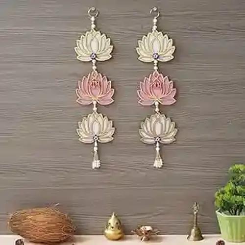 WEBELKART Pink and White Lotus Flower with Shubh Labh Wall Hanging for Diwali Decoration| Wall Decor |Temple Decor Wall Hanging Home and Office Decor (Wood Set of 2) 16" Inches