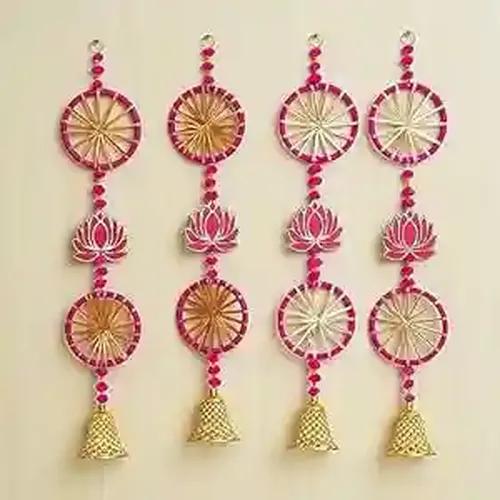 WEBELKART Handmade Lotus with Chakri Wall Hanging |Toran Bandhanwar| Wall Hanging Door Hanging for Diwali/Toran for Door,Traditional Toran for Door,Set of 4 (30x5.5) Inch Multicolor