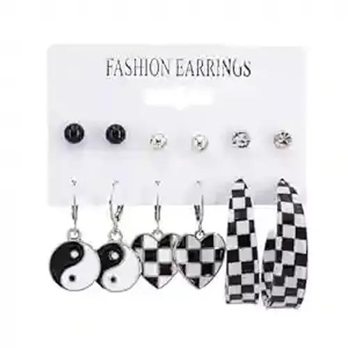 Checkered Black & White Earring Set (Set of 6pairs)