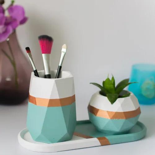 Dwell dapper Multi Purpose Pen Stand With Coaster And Small Planter Set Of 3 (White & Teal)