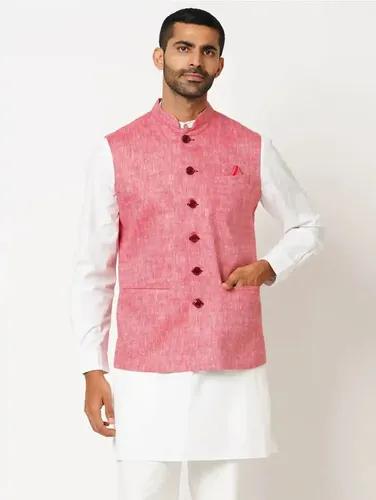 Indivisual Men's Two tone Yarn Dyed Scarlet Red Nehru Jacket - (Red)