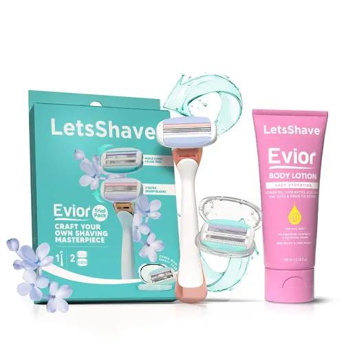 LetsShave Evior Trial Pack | Body Hair Removal Razor Shaving Kit For Women | Wide Head & Openflow Cartridge | Dual Moisture Bar & Micro Comb Guard Bar | For Arms & Legs | Womens Razor + Evior Body Lotion 100Ml