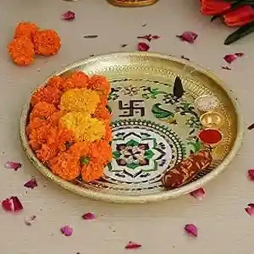 WEBELKART Premium Gold Meenakari Pooja thali Set with 3 Roli Chawal Katori | Diwali Pooja Decoration Items Pooja thali for Diwali Pooja| Diwali Pooja thali | Diwali puja Items