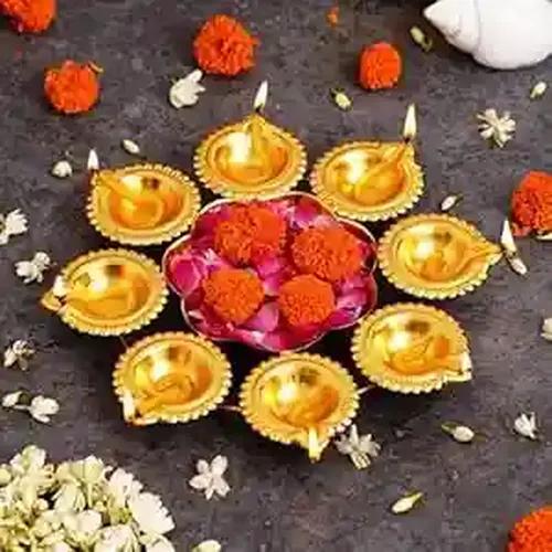 WEBELKART  Diya Shape Flower Decorative Urli Bowl for Home Decor Bowl for Floating Flowers and Home,Office and Table Decor| Diwali Decoration Items - (10 inches - Gold Plated)