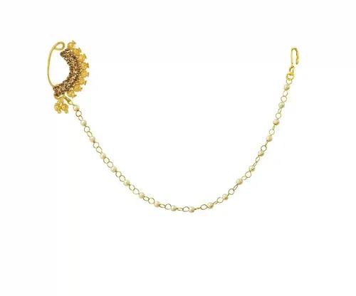 JEWELOPIA Nathiya Nose Ring with Pearl Chain without Piercing Gold Plated CZ Ruby Besar Traditional Nath Clip For Women