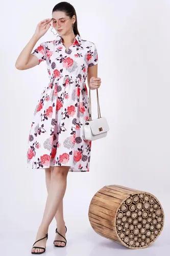 Floral Print Knee Length White Dress for Women