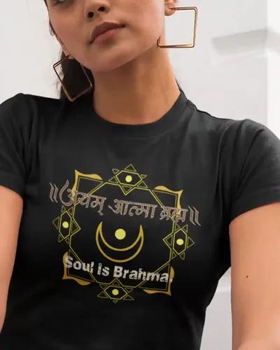 Spiritual insights of Ayam Atma Brahma T-shirt for women | Black