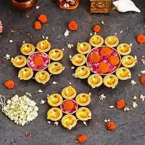 WEBELKART Premium Diya Shape Flower Decorative Urli Bowl for Home Handcrafted Bowl for Floating Flowers and Office and Table Decor| Diwali Decoration Items for Home (7-10Inches,Gold Plated)