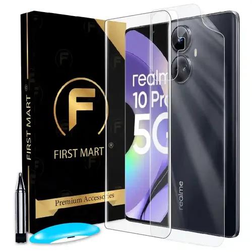 FIRST MART Tempered Glass for Realme 10 Pro Plus 5G with Edge to Edge Full Screen Coverage and Easy UV Glue Installation Kit and Back Nano Membrane