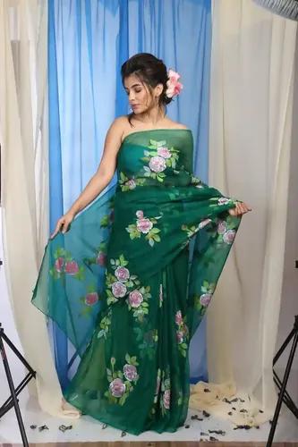 Pure Organza Hand-Painted Bottle Green Saree With Pink Rose Design