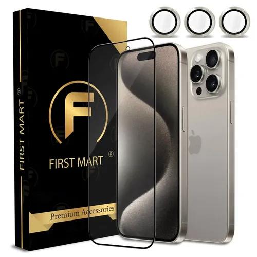 FIRST MART for iPhone 15 Pro Max Tempered Glass and 1 Set of Individual Natural Titanium Camera Rings Protectors, 2.5D Curved Edges, Full-Coverage Military-Grade Protection, Scratch Resistant