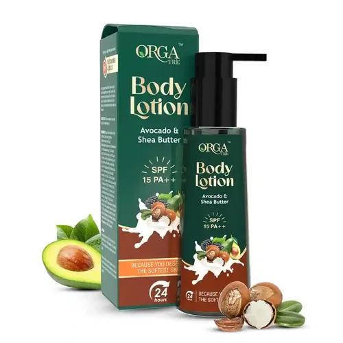 Orgatre Body Lotion | Avocado & Shea Butter with SPF 15 PA | Moisturizer for Dry Skin | Brightening & Sun Protection Body Cream 150 ml