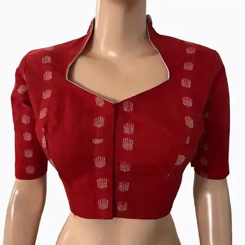 Jacquard Handloom High neck Blouse with Lining - Red