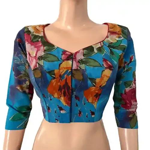 Digital Printed Cotton Y neck Blouse with 3/4 Sleeves - Blue