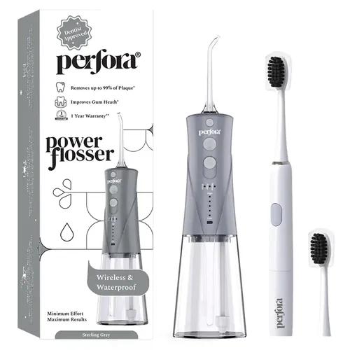 PERFORA Power Water Dental Flosser | 1 Year Warranty | Floss, Electric Toothbrush, Dental Flosser For Teeth Oral Care, 3 Modes - Electric Brush 002 & Flosser Combo|Sterling Grey & Moonstone White