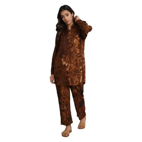 Brown Tie And Dye Rayon Long Co-Ord Set (Set of 2)