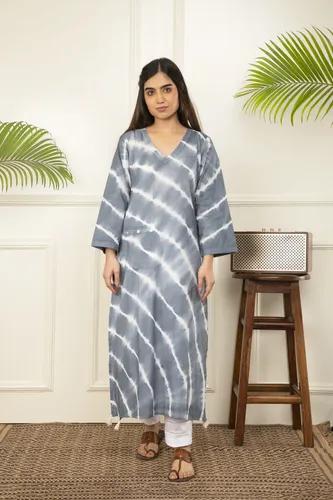 Grey Leheriya Tie And Dye Cotton A-Line Kurta