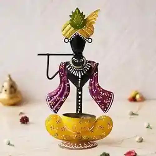 WEBELKART Premium Handcrafted Multicolor Metal Krishna Tea Light Holder for Home & Office Decor and Diwali Gift Item (Multicolor-10.4" Inches)