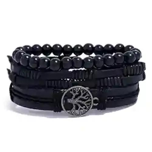 Black Beaded Mens Leather Bracelet