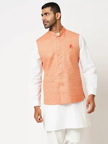 Indivisual Men's Two tone Yarn Dyed Orange Peel Nehru Jacket - (Orange)