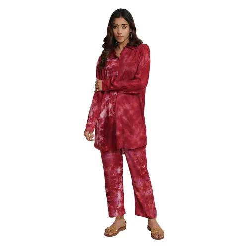 Maroon Tie And Dye Rayon Long Co-Ord Set (Set of 2)