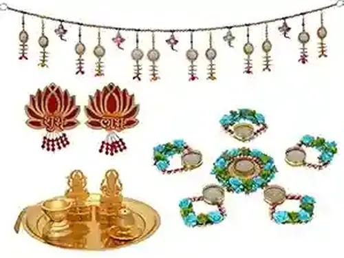 WEBELKART Pooja thali Set with Statue Lakshmi Ganash,Tea Light Holder, Toran, Shubh Labh Sticker Diwali Special Combo