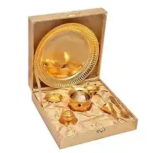 Pujahome Gold Plated Brass Pooja Thali Set with Golden Box Decorative Showpiece Pooja Thali Set (7 Pcs, Golden)