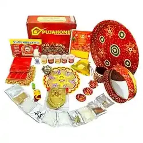 Pujahome Karwa Chauth Puja Samagri Kit - 30+ Items Including 6-Piece Stainless Steel Thali Set for MATA Pooja | Complete NavShringaar Saman for Vrat Katha, Karwa Chauth Pooja Kit